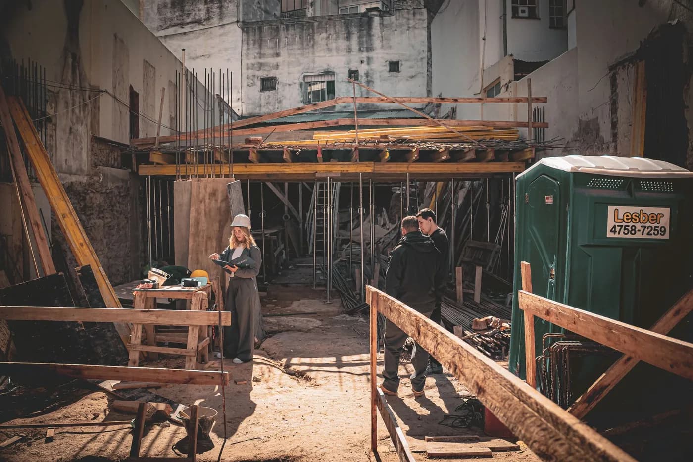 Workers and an architect reviewing plans on a construction site