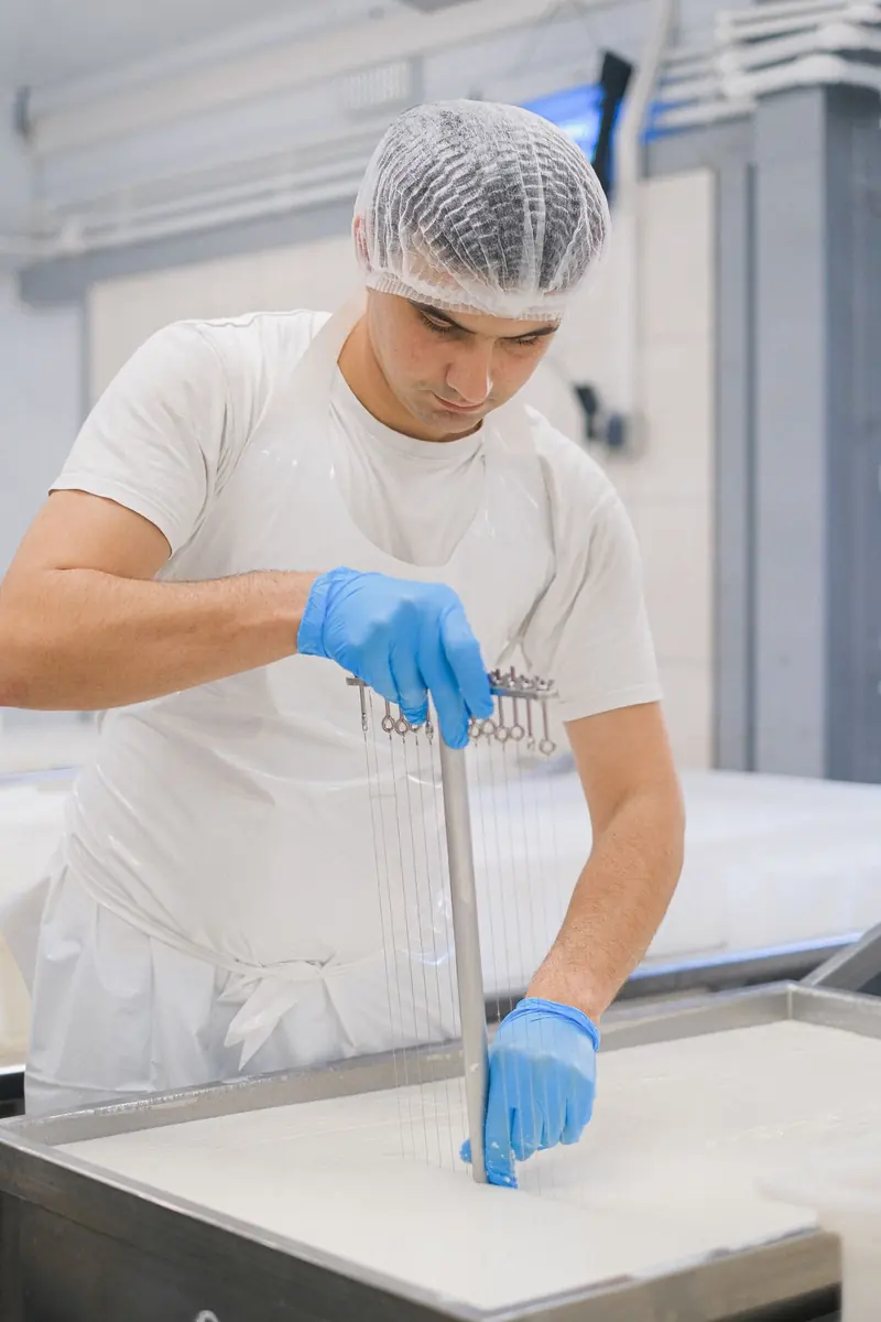 A worker in a hairnet at a stainless table